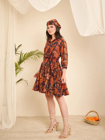 women-navy-blue-cotton-paisely-print-godet-flared-dress