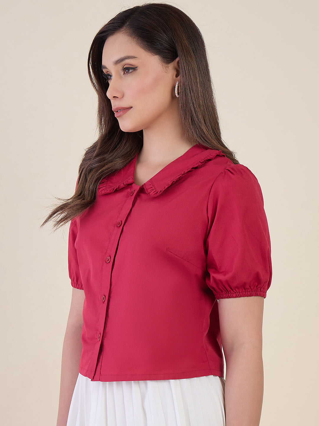 Women Pink Ruffle Collar Puff Sleeve Top