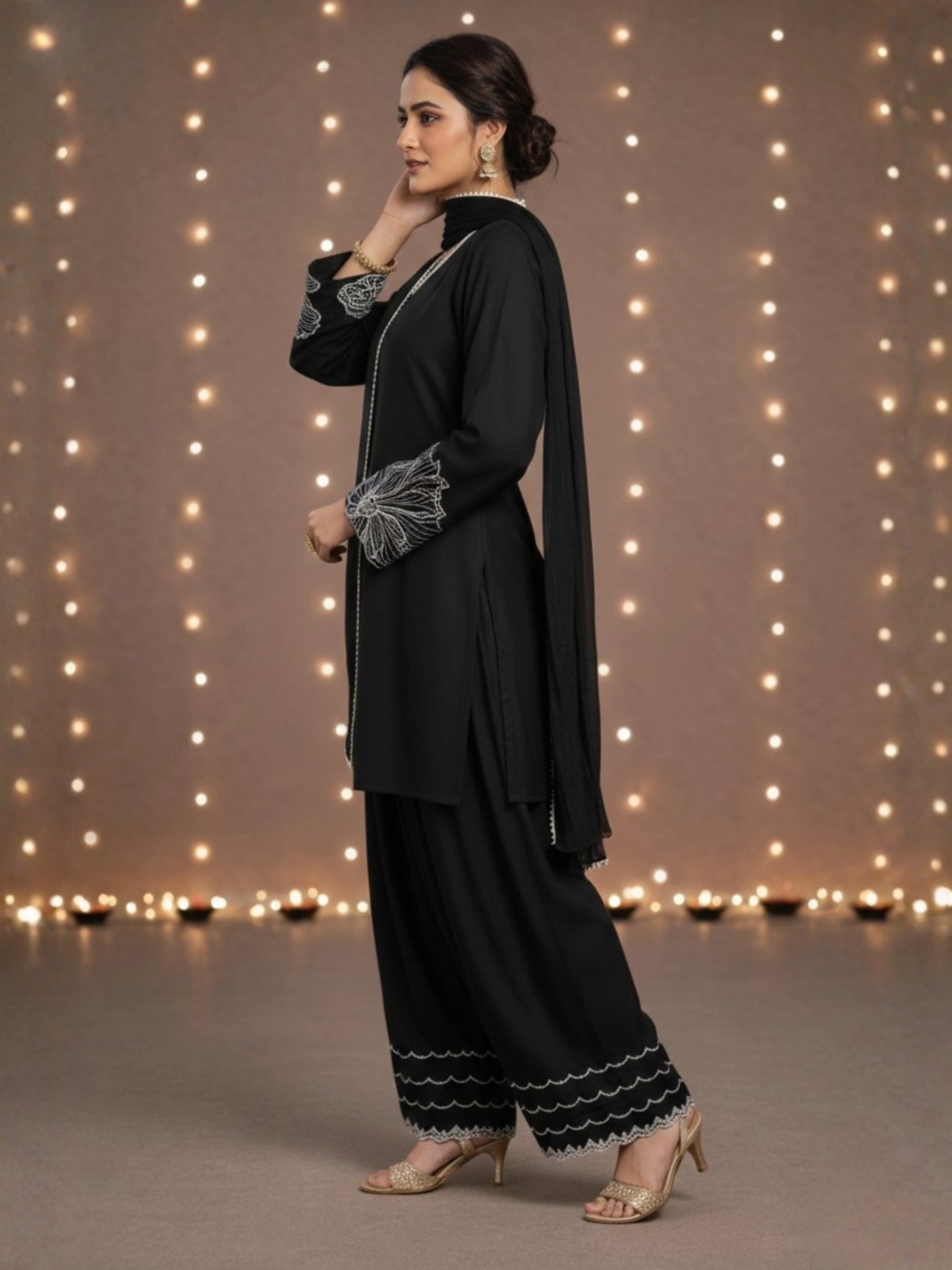 Women's Black Embroidered Kurti & Farshi Salwar set