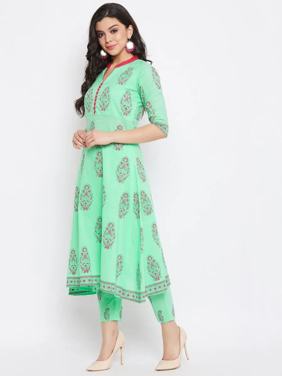 winered-green-a-line-cotton-printed-kurta-and-pant-set