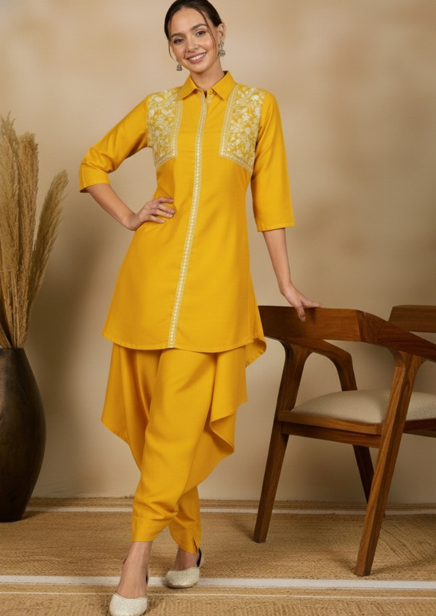 Women Yellow Embroidered Tunic with Harem Salwar Coord Set