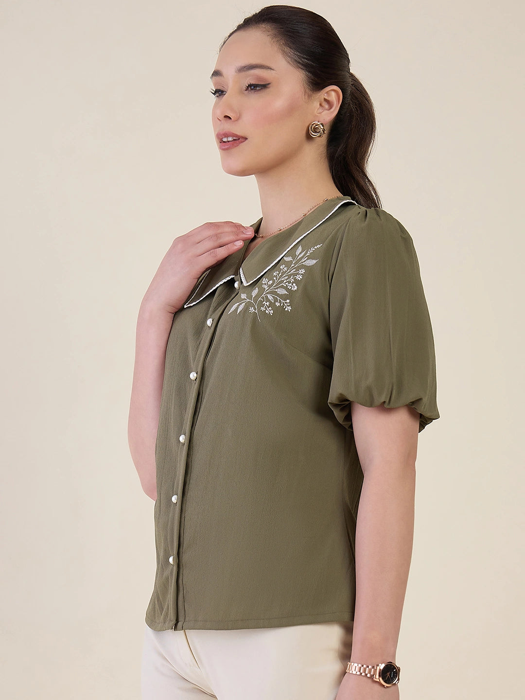 Women Olive Green Embroidered Shirt Top