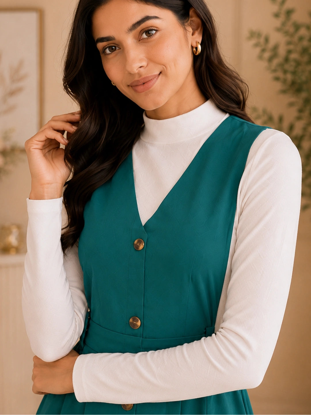Women Solid Teal Button-Down Pinafore Dress