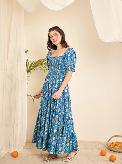 women-blue-floral-print-smocked-flare-dress