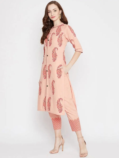 winered-peach-straight-cotton-printed-kurta-and-pant-set