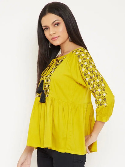winered-yellow-embroidered-rayon-regular-top