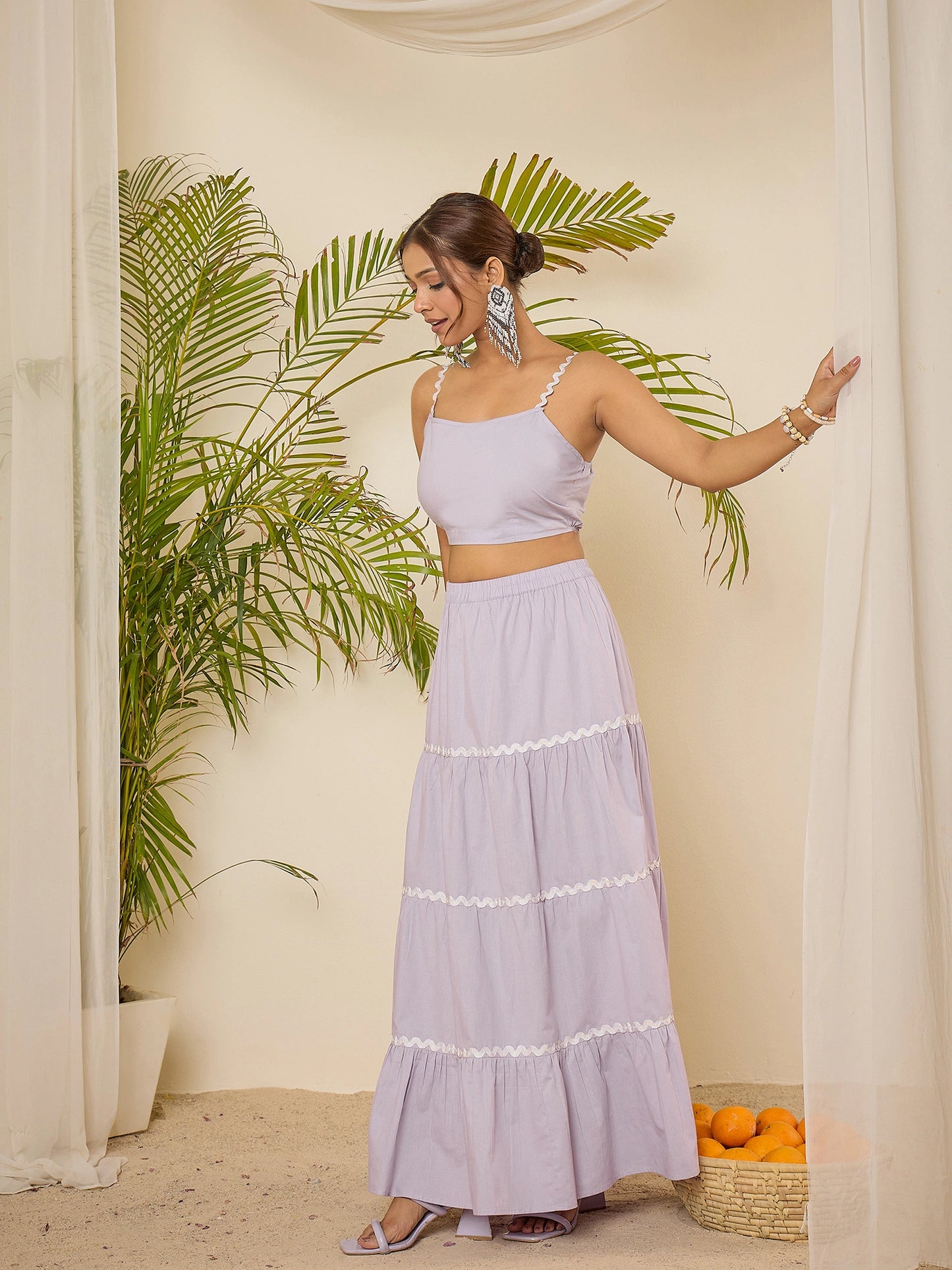 Lavender Cotton Lace Detailing Crop Top with Skirt Co-ord Set