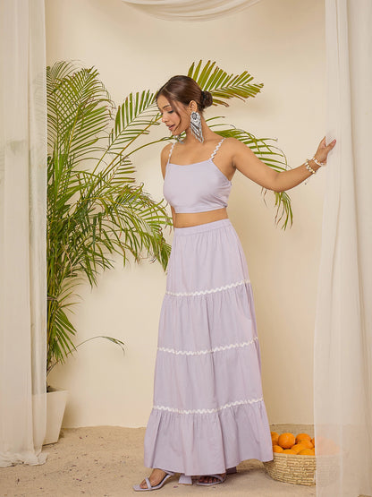 Lavender Cotton Lace Detailing Crop Top with Skirt Co-ord Set