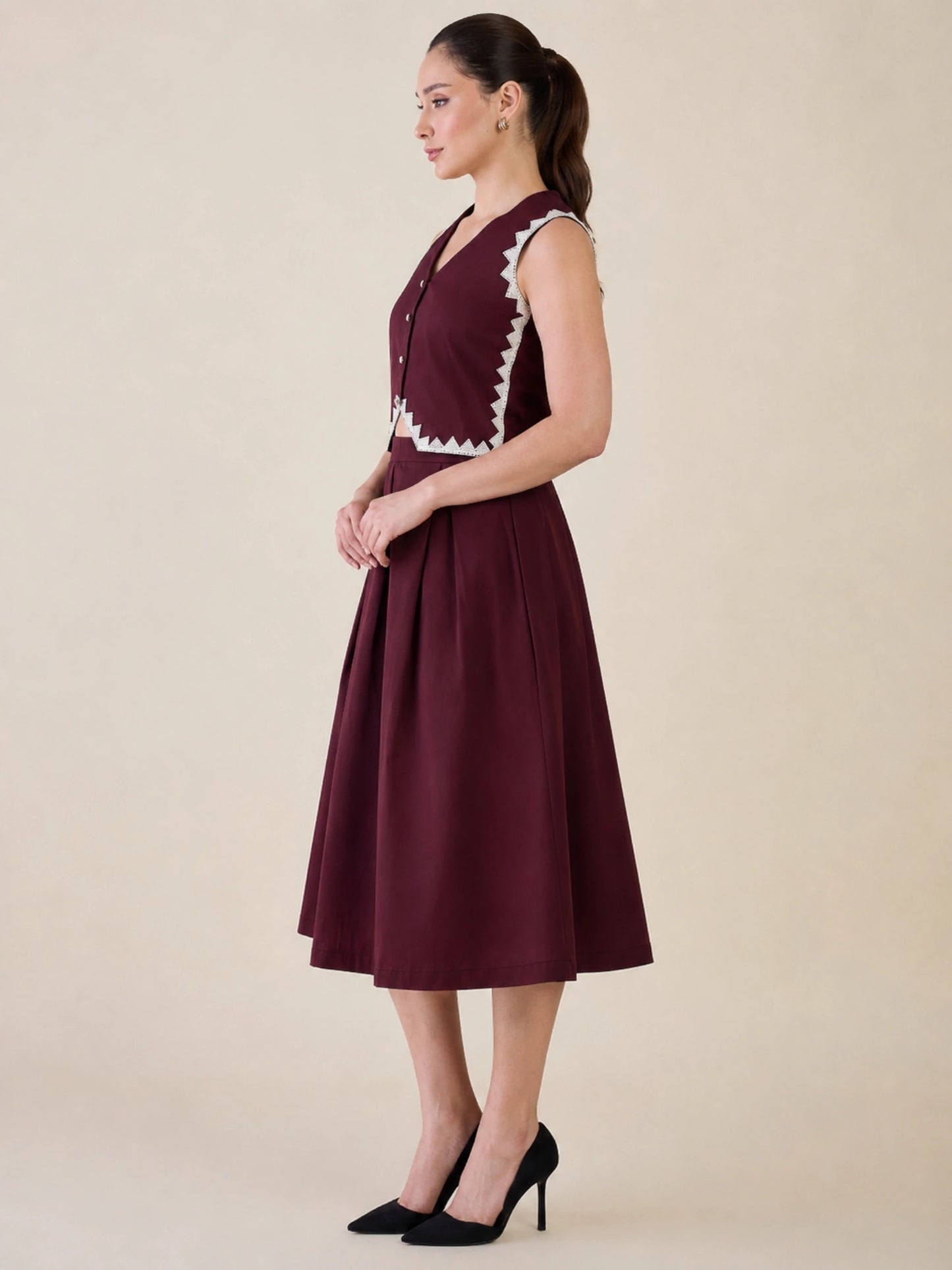 Women Burgundy Vest & Skirt Co-ord Set