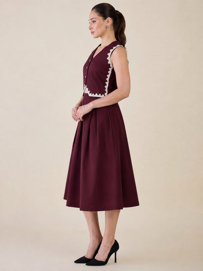 Women Burgundy Vest & Skirt Co-ord Set