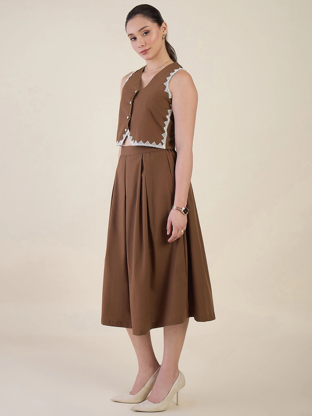 Women Brown Vest & Skirt Co-ord Set