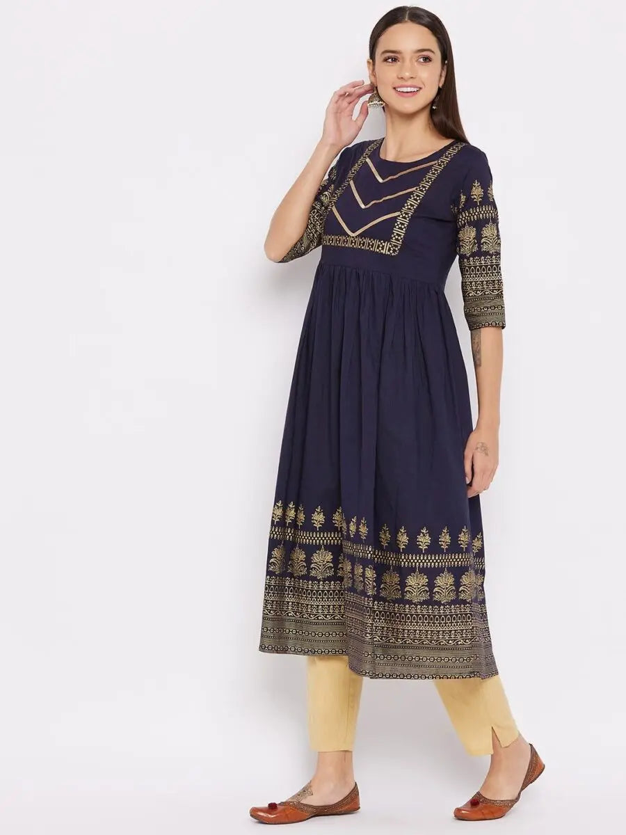 winered-dark-blue-flared-cotton-floral-print-kurta