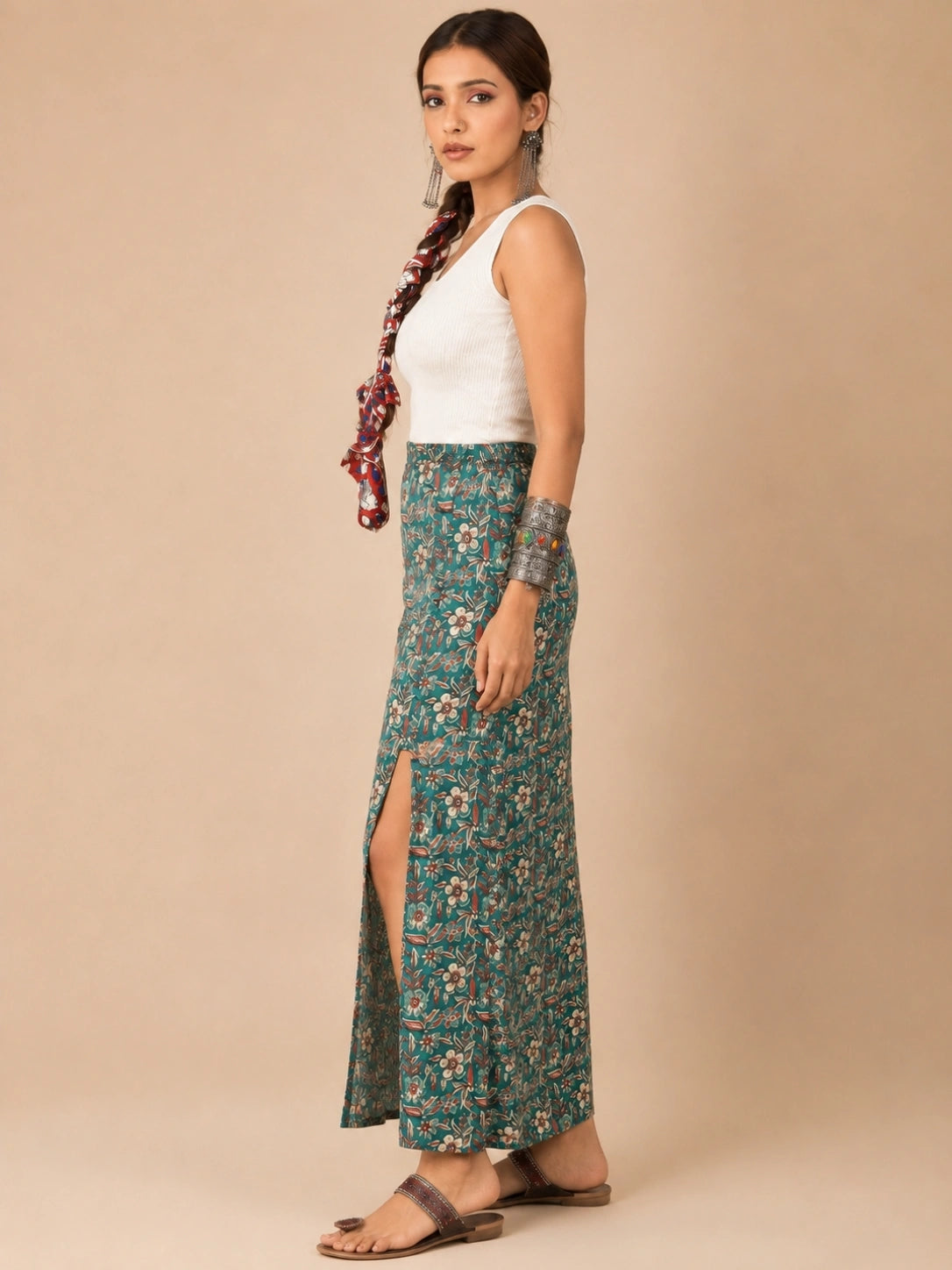 Women's Teal Floral Printed Maxi Skirt