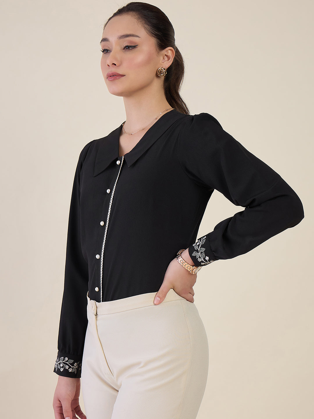 Women Black Embroidered Cuff Shirt