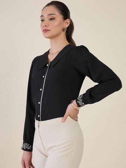 Women Black Embroidered Cuff Shirt