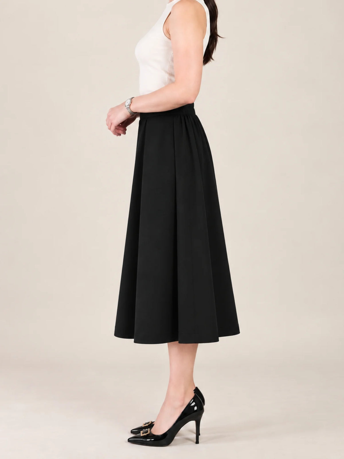 Women Solid Pleated Midi Skirt
