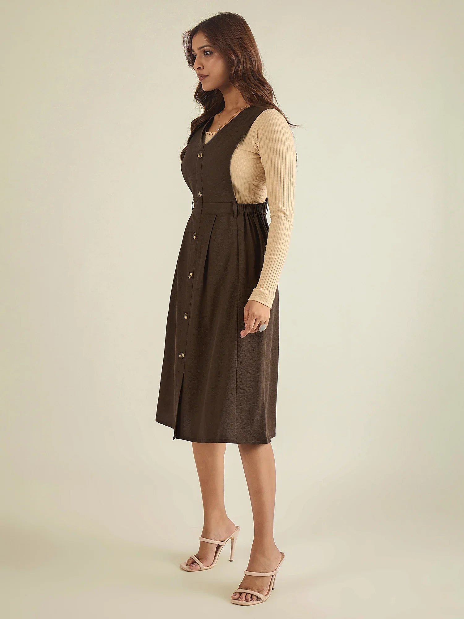 winered-women-brown-solid-pinafore-dress-with-button
