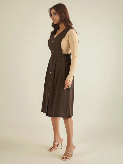 winered-women-brown-solid-pinafore-dress-with-button