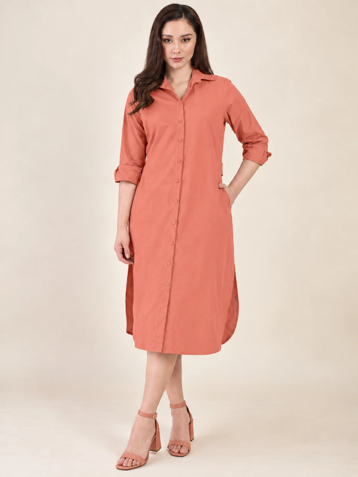 Women's Peach Shirt Dress | Shirt Collared Neck | Button Down Midi Dress with Waist Belt