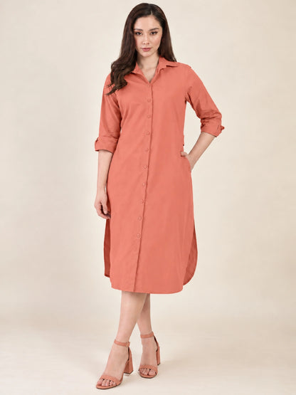 Women's Peach Shirt Dress | Shirt Collared Neck | Button Down Midi Dress with Waist Belt