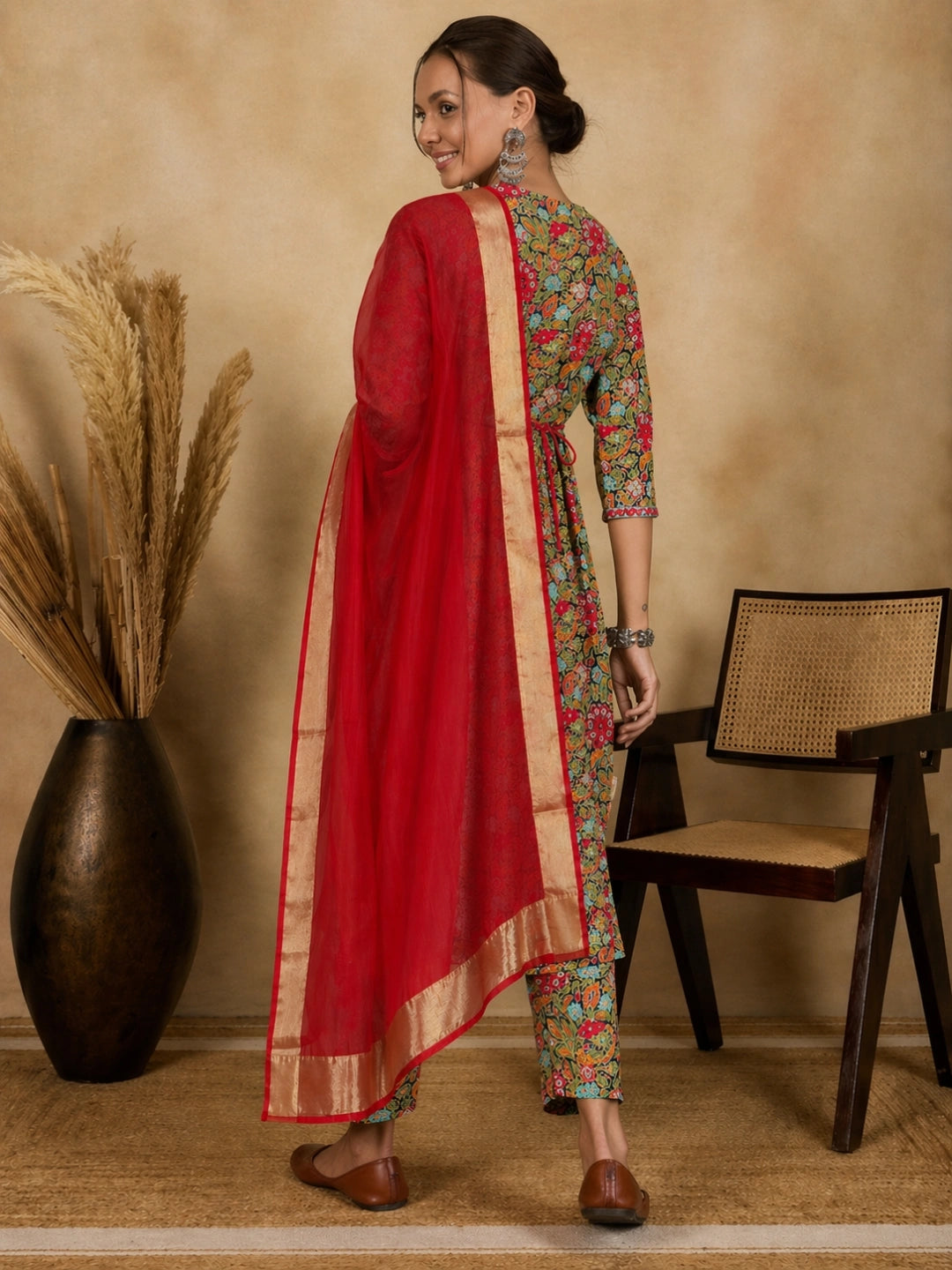 WineRed Woman Navy Blue Floral Print Neck Embroidery Naira Cut Kurta, Pant & Dupatta