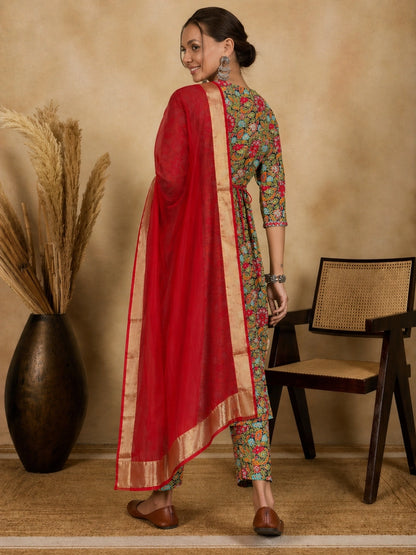 WineRed Woman Navy Blue Floral Print Neck Embroidery Naira Cut Kurta, Pant & Dupatta