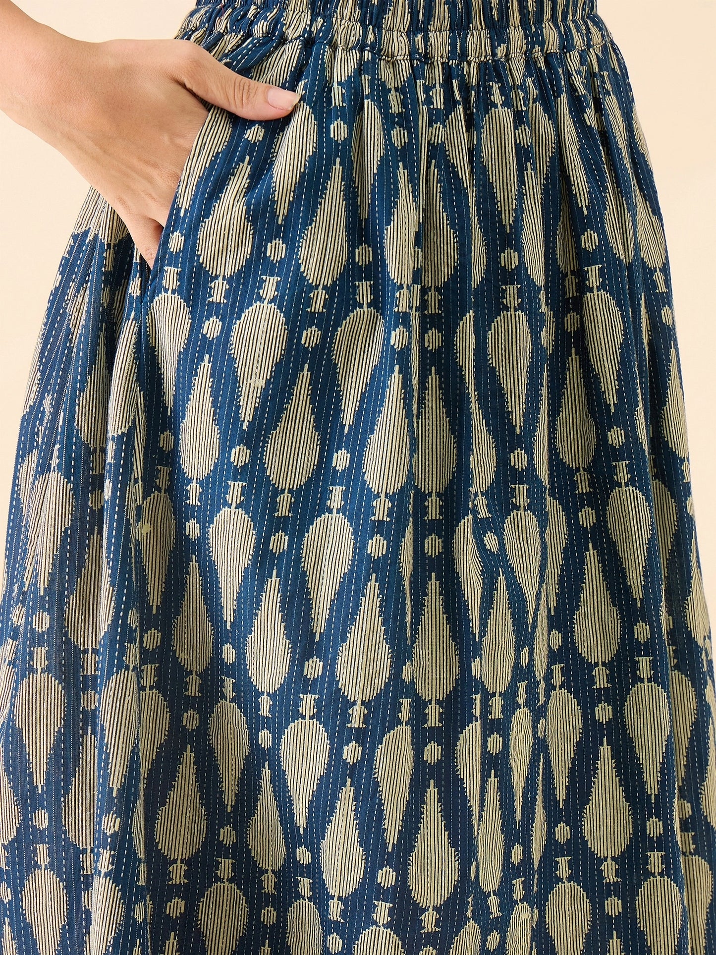 Women's Blue Ikat Printed Flared Midi Skirt with Elasticated Waistband
