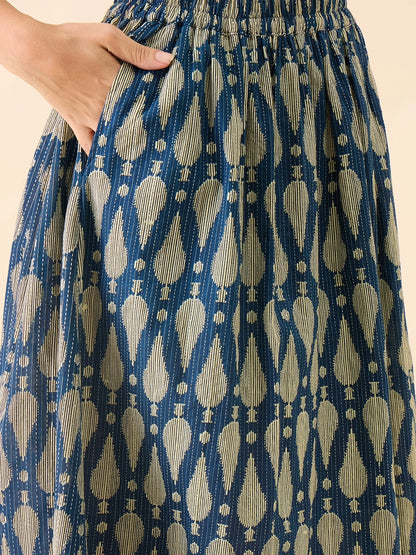 Women's Blue Ikat Printed Flared Midi Skirt with Elasticated Waistband
