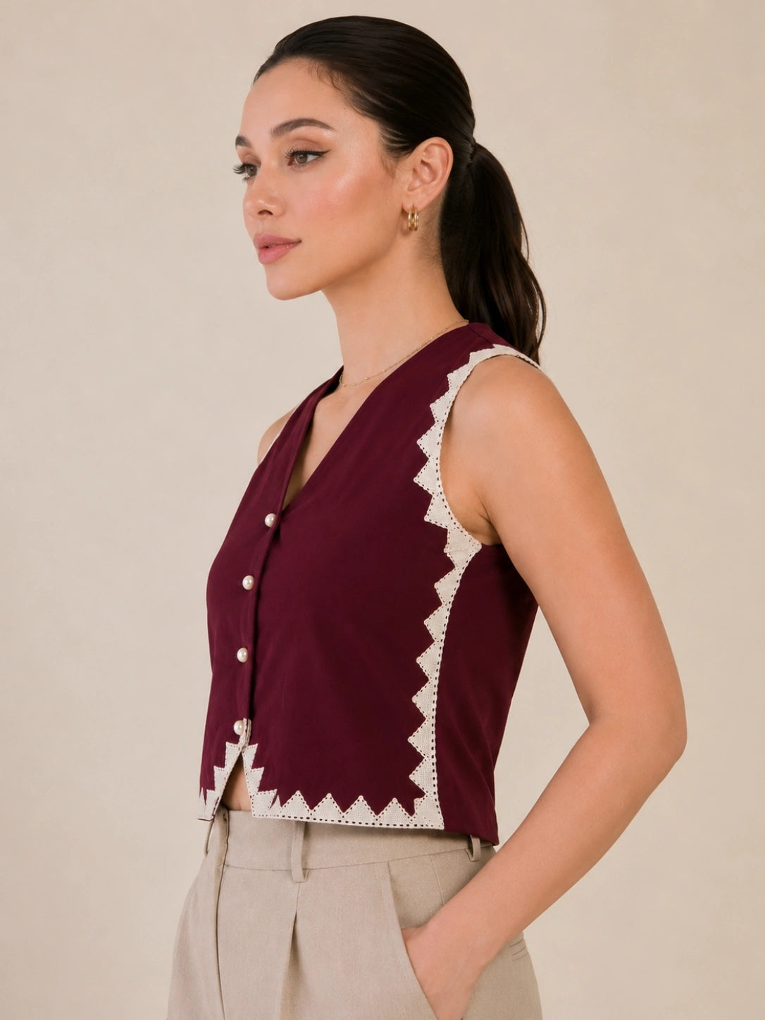 Women Solid Sleeveless V-Neck Lace Detail Waistcoat
