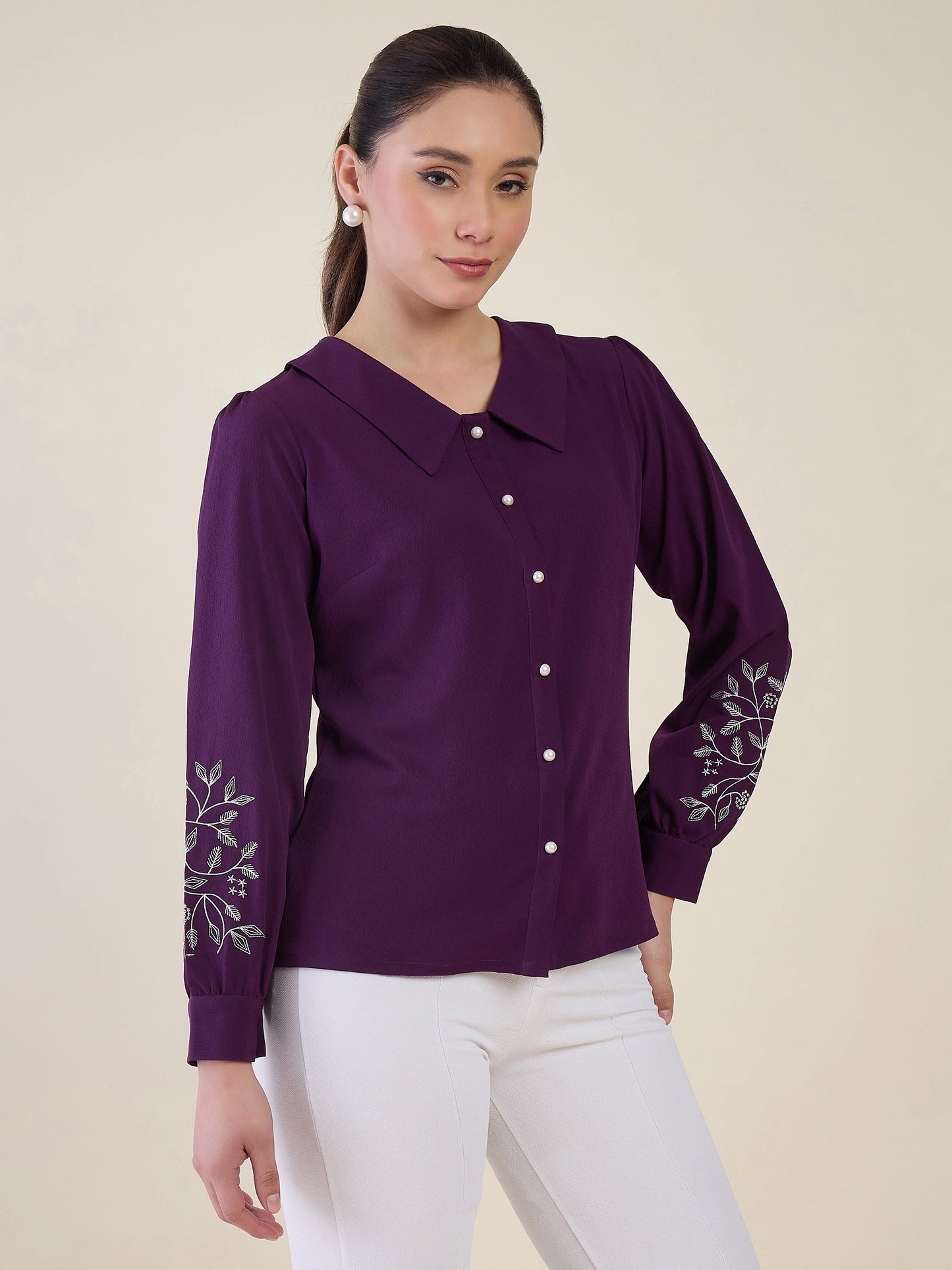 Women Purple Embroidered Peter Pan Collar Shirt