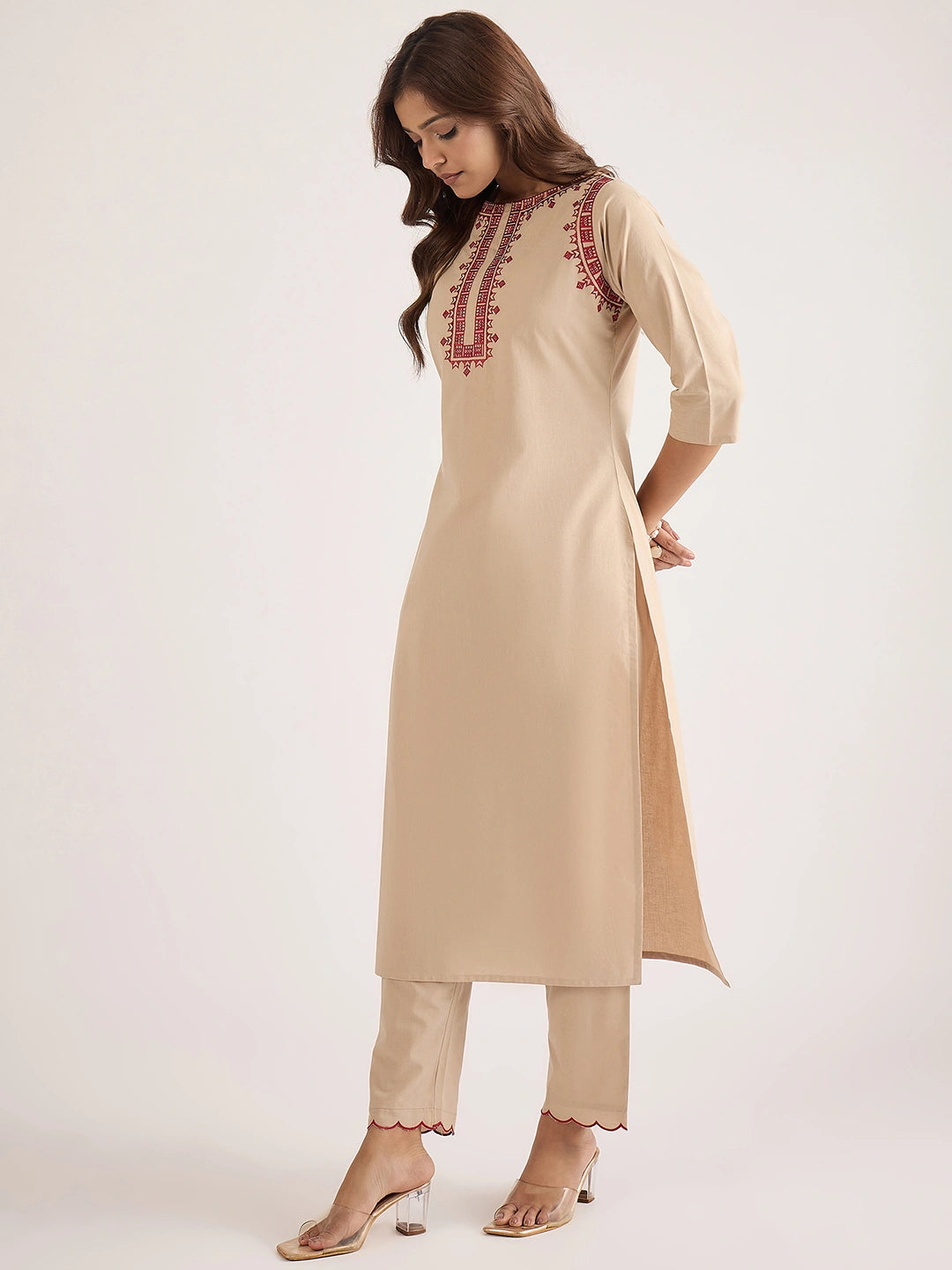 Women Beige cotton embroidered straight-cut kurta