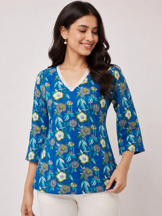 Women's Blue Floral Print Corset Style Short Kurti with V-Neck, Three-Quarter Flared Sleeves and Adjustable Back Tie-Up for Casual Wear