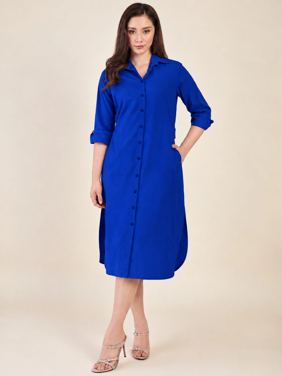 Women's Royal Blue Shirt Dress | Shirt Collared Neck | Button Down Midi Dress with Waist Belt