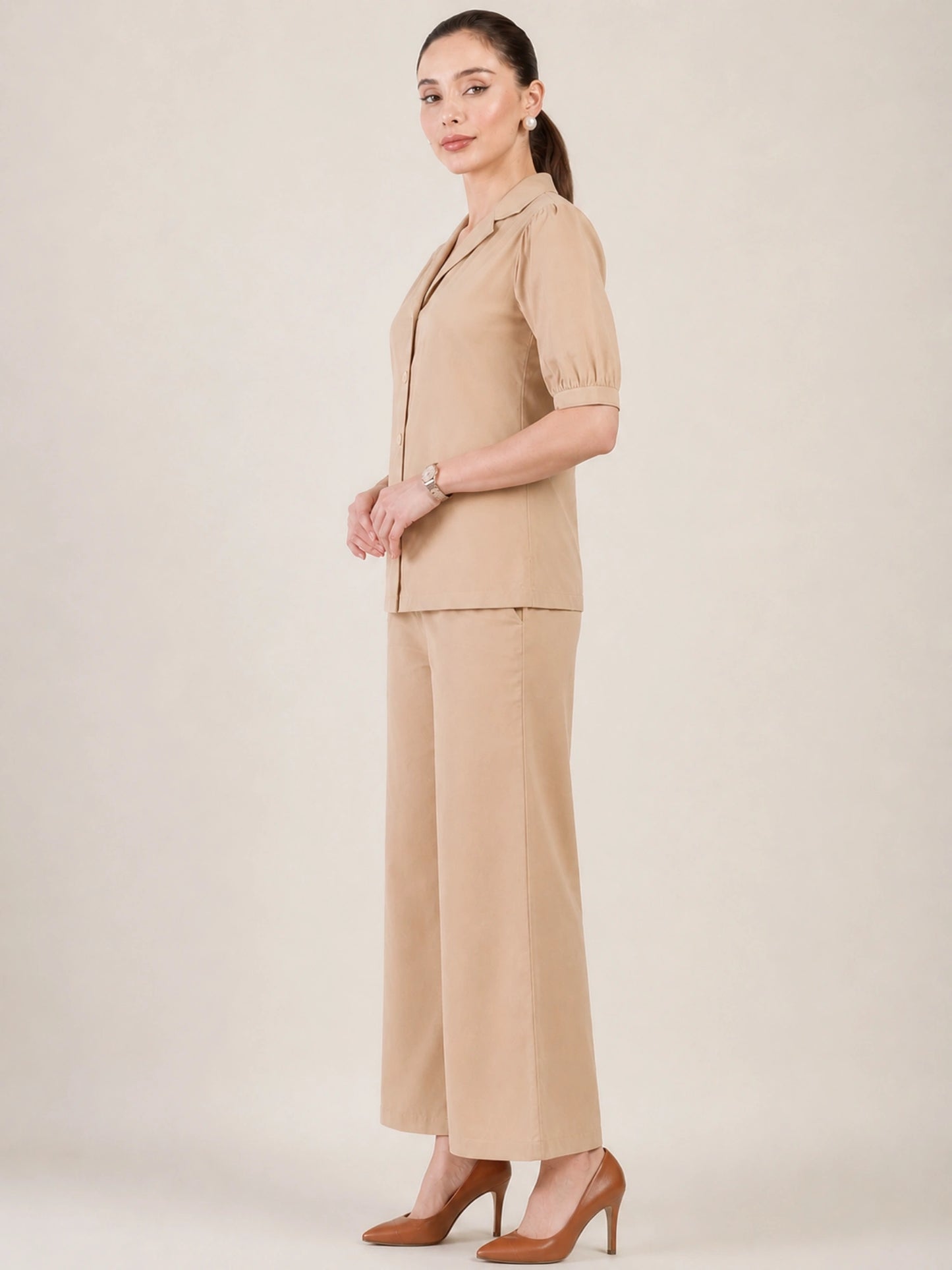 Women Beige Puff Sleeves Co-ord Set