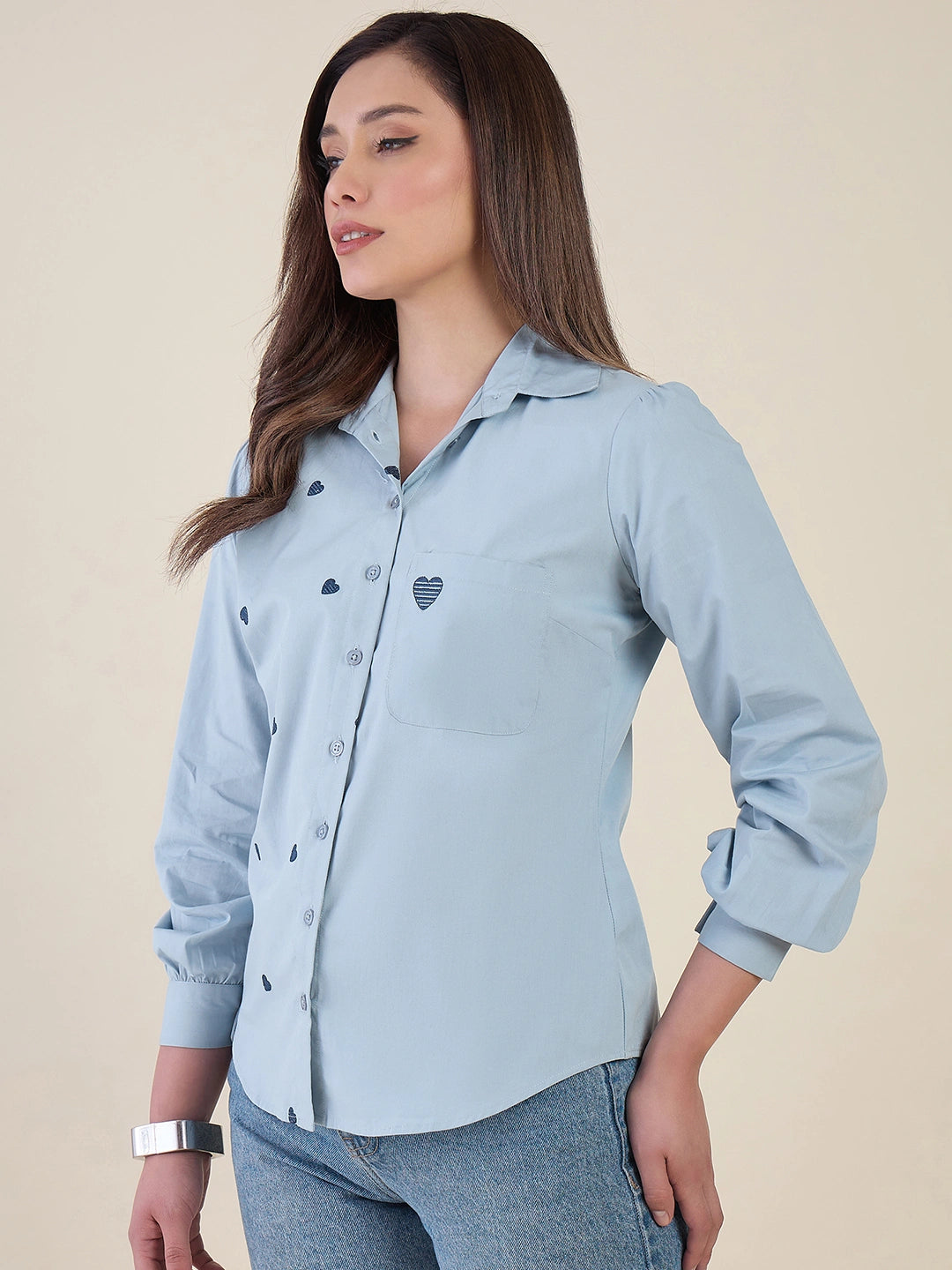 Women Blue Heart Embroidered Casual Shirt