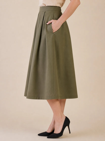 Women Olive Solid Pleated Flared Midi Skirt