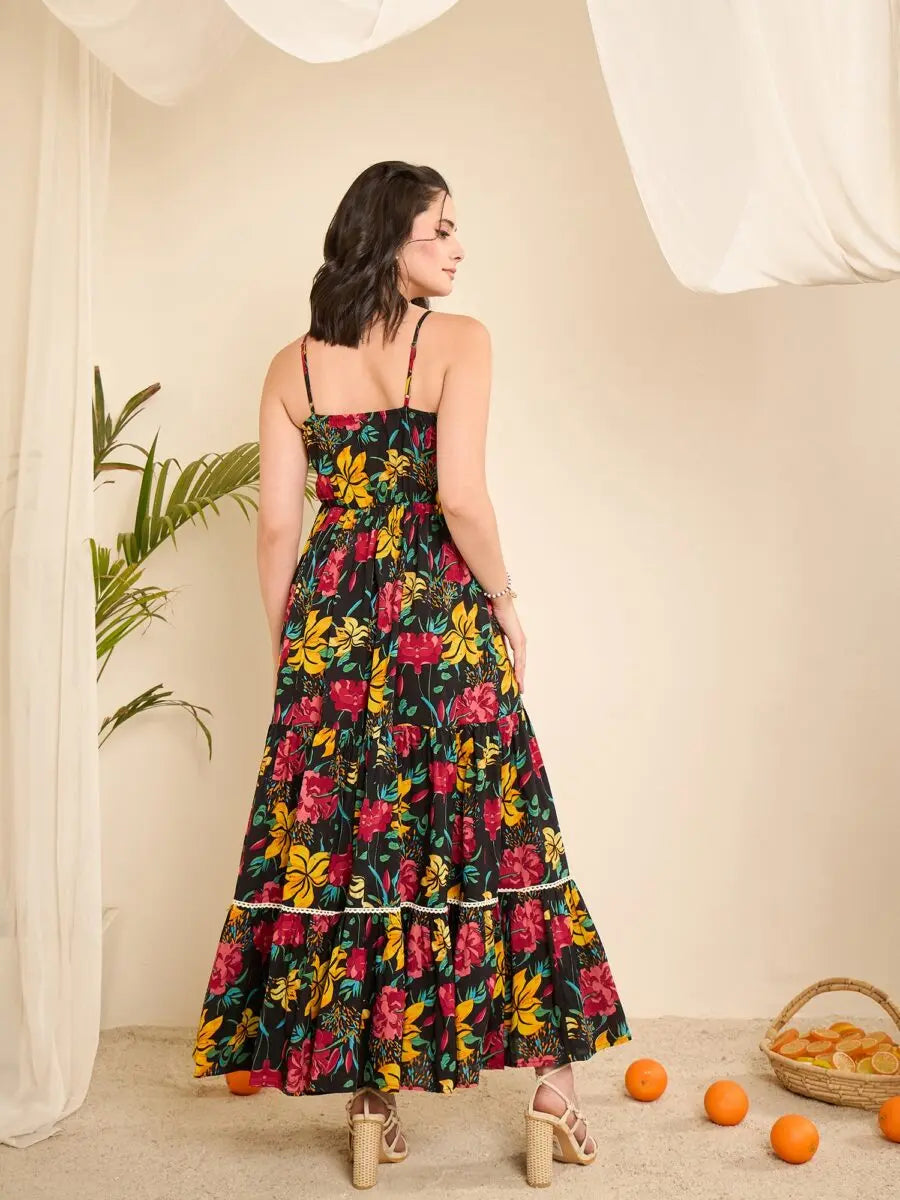 black-floral-printed-lace-strap-tiered-dress