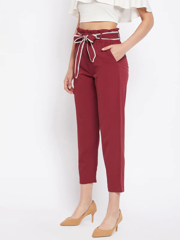 winered-women-maroon-trouser-with-lace-belt