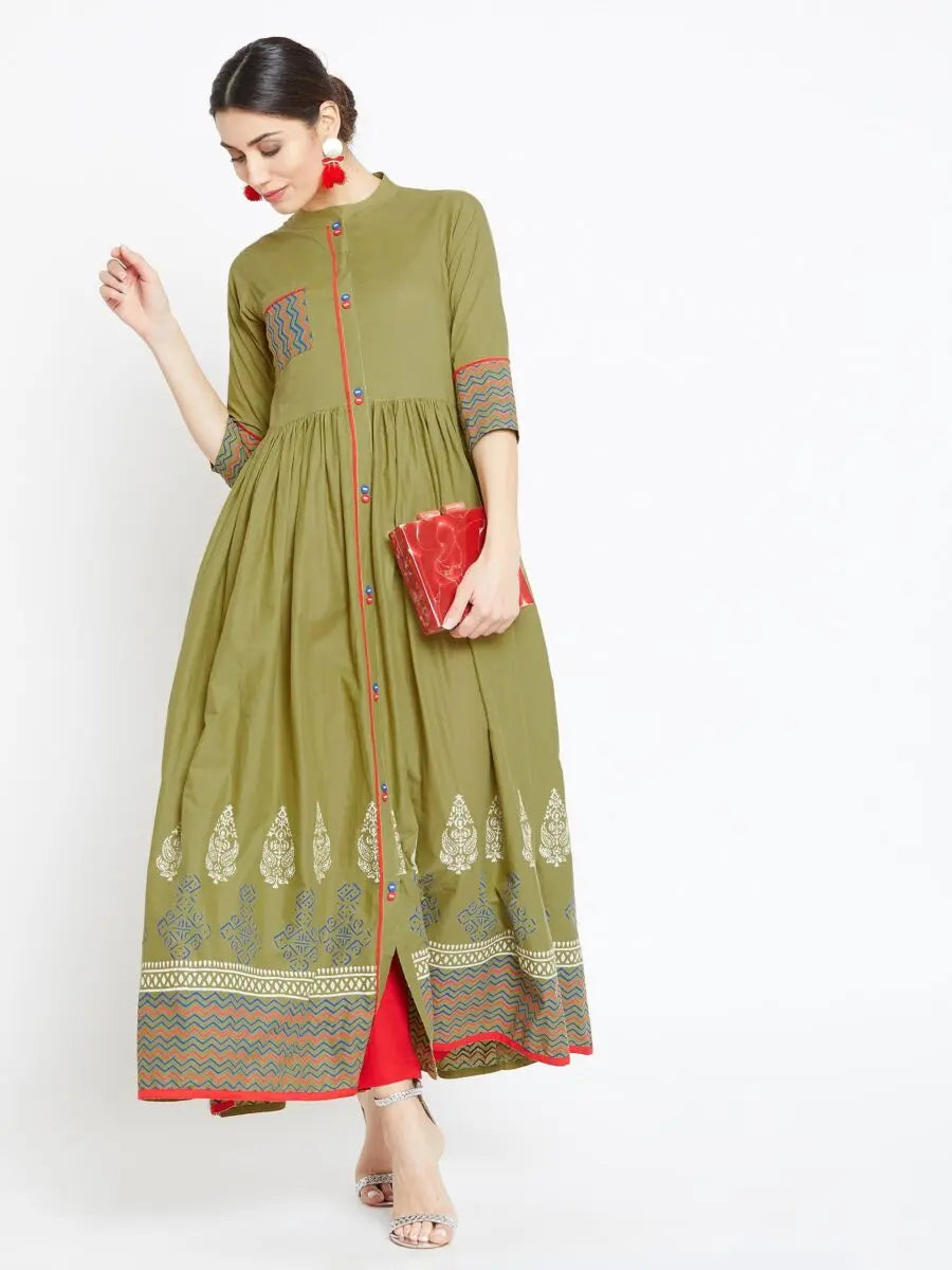 winered-green-flared-cotton-printed-kurta