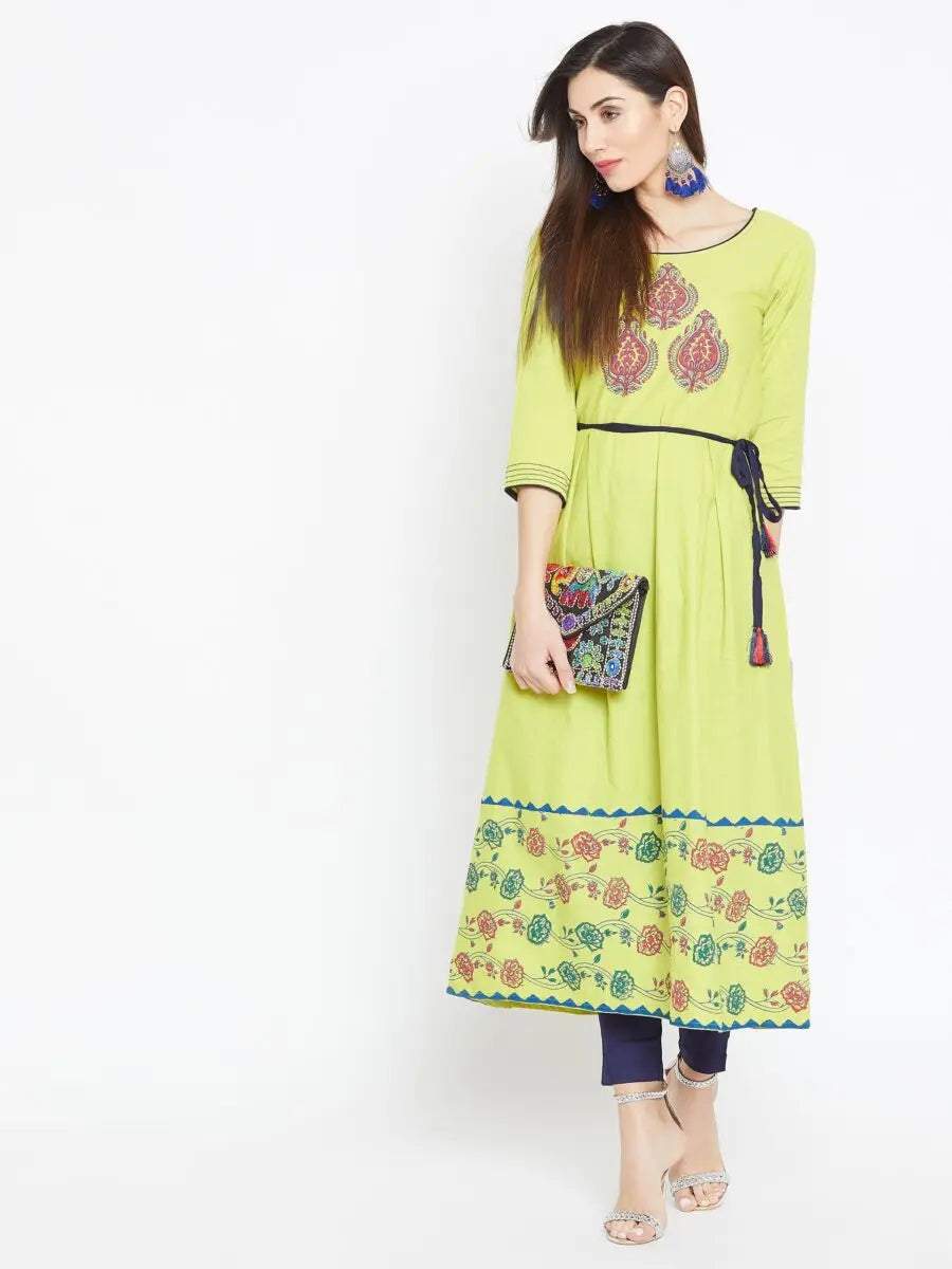 winered-green-a-line-cotton-printed-kurta