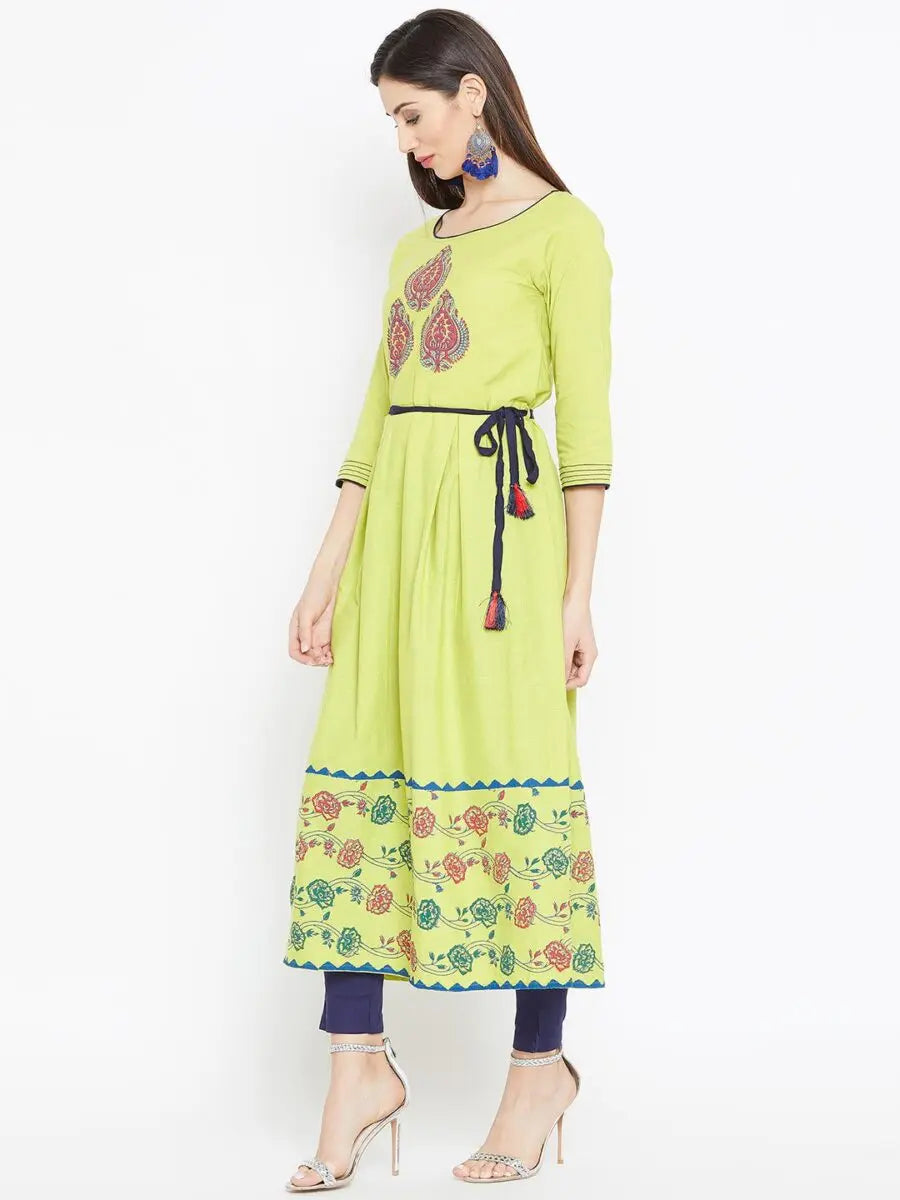 winered-green-a-line-cotton-printed-kurta
