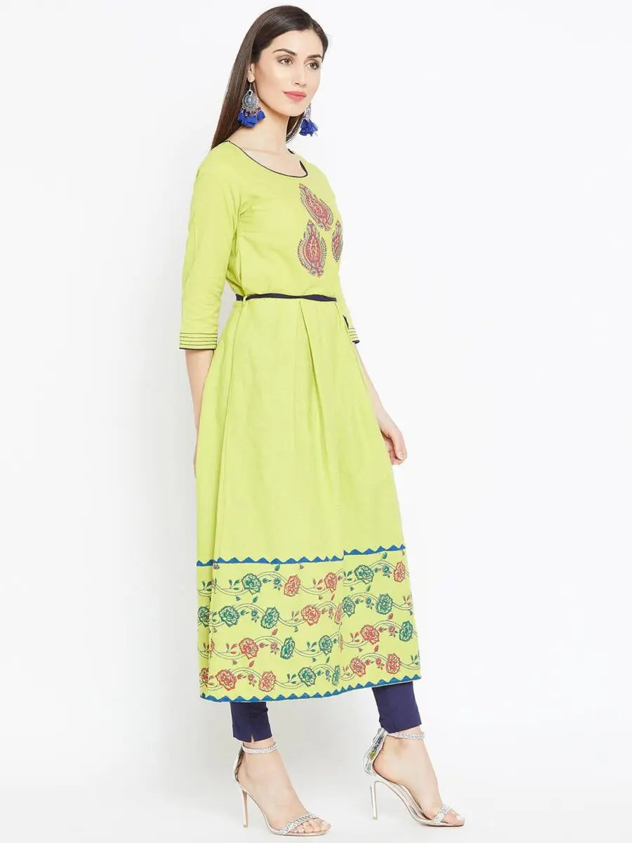winered-green-a-line-cotton-printed-kurta