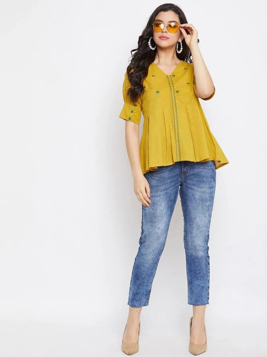 winered-mustard-embroidered-cotton-regular-top