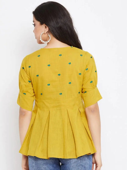 winered-mustard-embroidered-cotton-regular-top