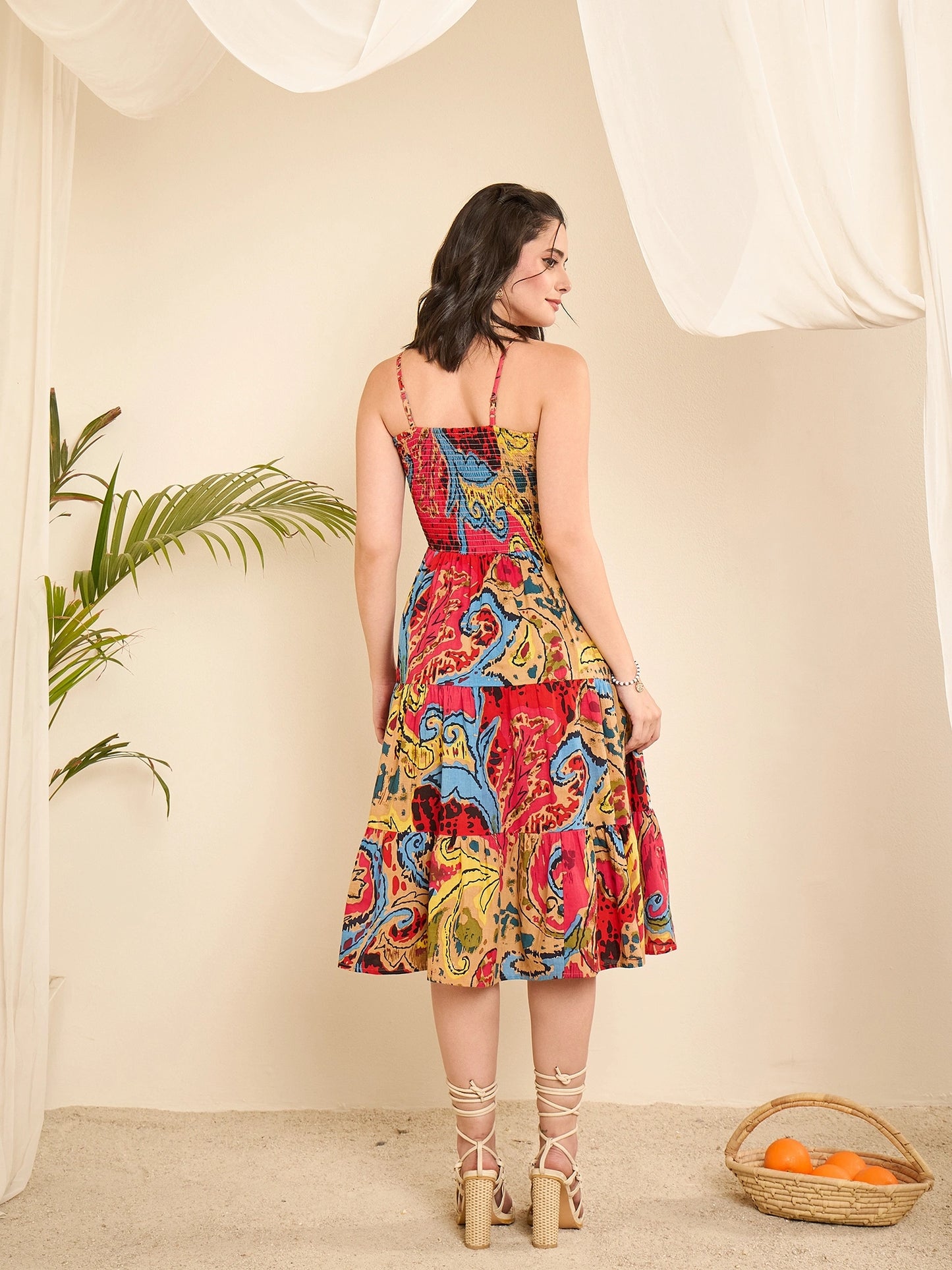 Abstract Printed Smocking Tiered Dress