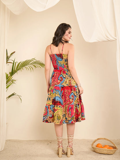 Abstract Printed Smocking Tiered Dress