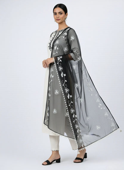 Women's Beige Embroidered Cotton Kurta Set with Dupatta