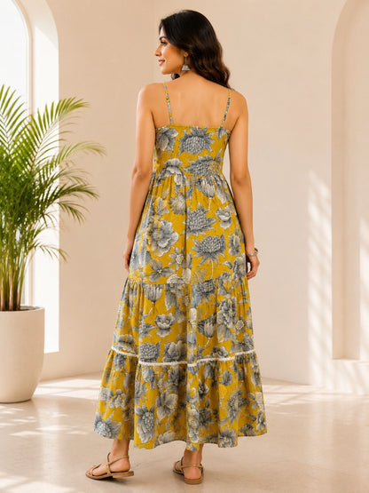 WineRed Women's Floral Printed Shoulder Strap Tiered Maxi Dress | Casual Summer Vacation Wear