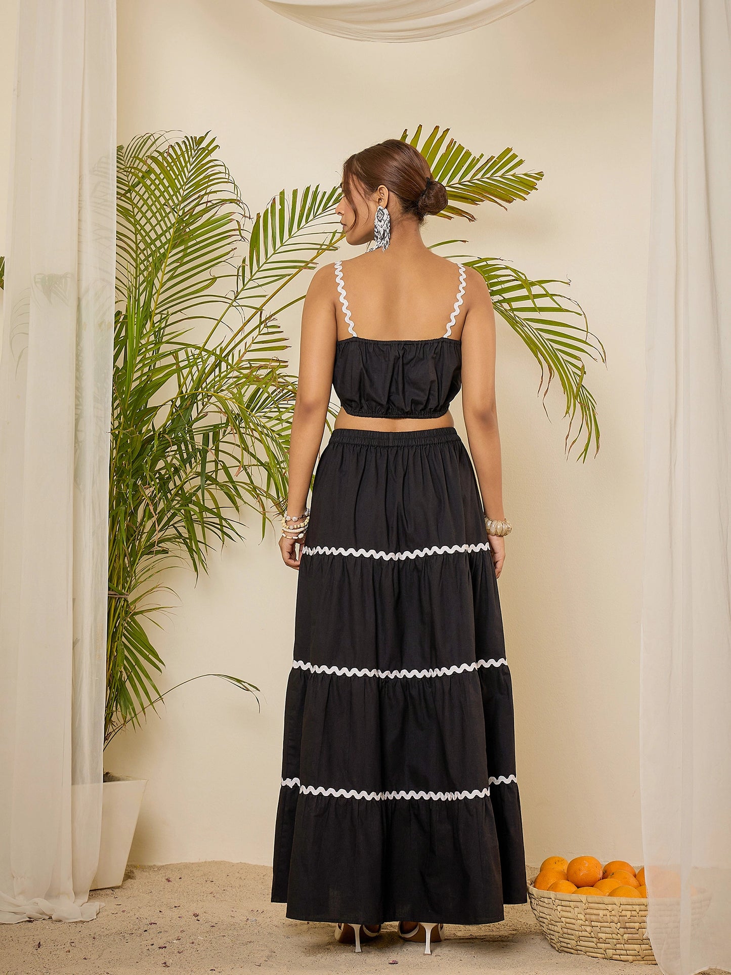 Black Cotton Lace Detailing Crop Top with Skirt Co-ord Set