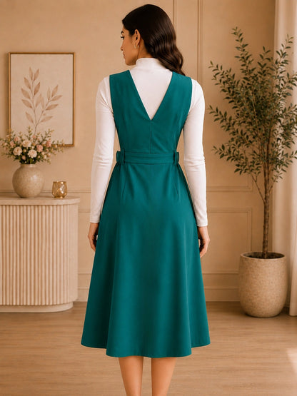 Women Solid Teal Button-Down Pinafore Dress